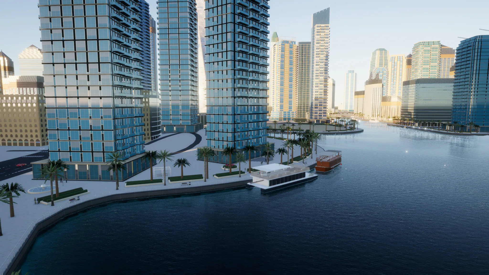 Dubai Marina at golden hour, rendered in META PULS